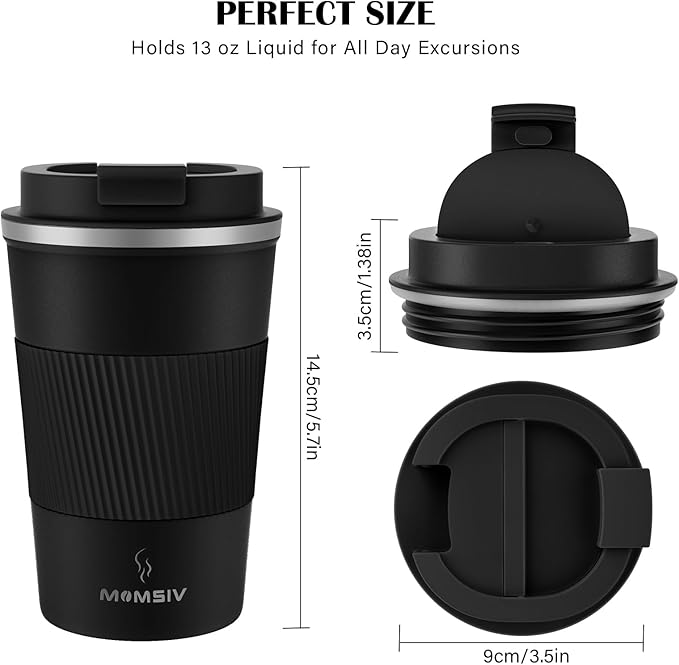 MOMSIV 12oz Travel Mug, Insulated Coffee Cup with Leakproof Lid, Vacuum Stainless Steel Double Walled Reusable Tumbler for Hot and Cold Water Coffee and Tea In Travel and Car (Black - 380ml)