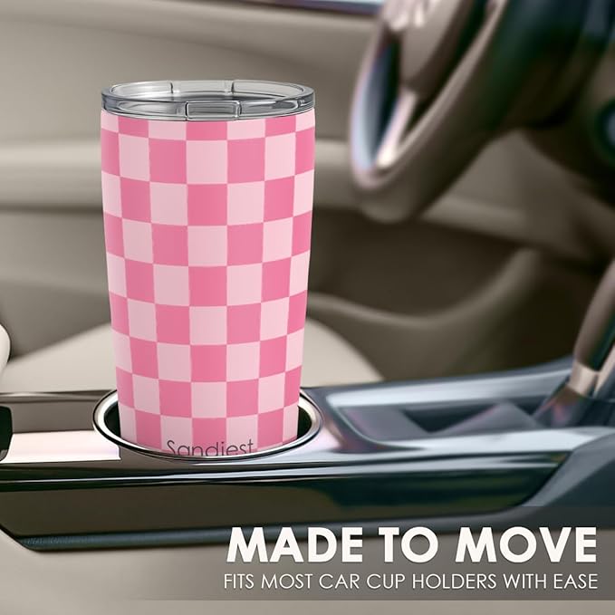 Checkered Tumbler 20oz Stainless Steel Insulated, Checker Travel Coffee Cup, Bow Gifts for Women Girls Teen, Birthday Christmas (Pink)