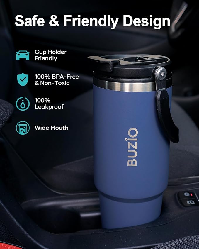 BUZIO 40 oz Tumbler with Handle, Insulated Water Tumbler with 2-in-1 Lid and Straw, Stainless Steel Double Walled Powder Coated Coffee Tumbler Travel Mug, Keeps Cold for 24 Hours or Hot for 12 Hours