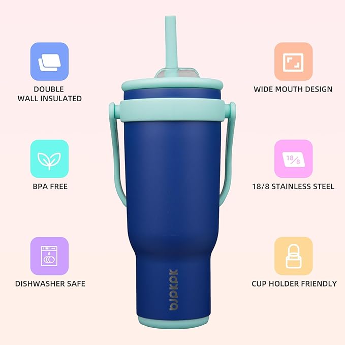 BJPKPK 40 OZ Insulated Travel Tumbler with Handle and Straw, Stainless Steel Water Bottle, Double Wall Vacuum Insulated Mug, for Work, Car, Travel, Deep Blue