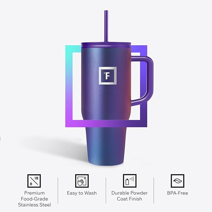 IRON °FLASK Co-Pilot Insulated Mug w/Straw & Flip Cap Lids - Cup Holder Bottle for Hot, Cold Drink - Leak-Proof - Water, Coffee Portable Travel Mug - Cashmere Cream, 32 Oz