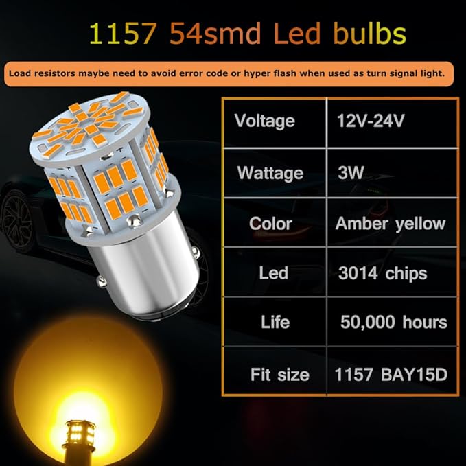 1157 Led Light Bulb Amber Yellow, 12V-24V 1157 7528 2357 2057 BAY15D LED Replacement Light Bulb for Brake Light Tail Light for Car RV Trailer Boat, 54SMD 3014 Chipset,4PCS