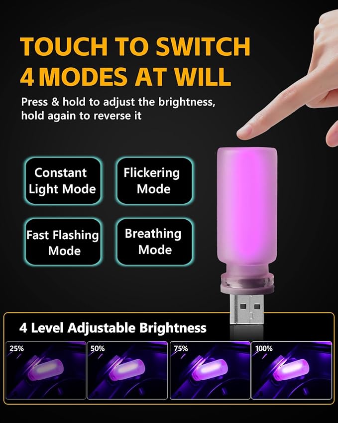 2PCS USB Lights for Car, Retro LED Car Interior Lamp Ambient Lighting, Universal USB Plug Lights for Cars, bedrooms, Camping, Parties, Frosted Glass Bottle Decorative Night Light, Purple Light