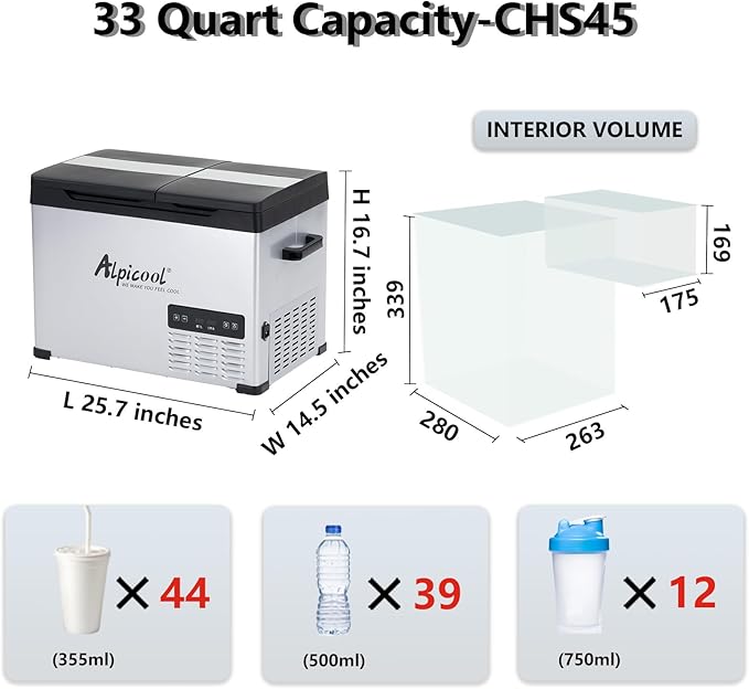 Alpicool CHS45 Dual Temperature Control 12 Volt Refrigerator 33 Quart Portable Car Fridge Freezer (-4°F~68°F) for Truck, RV, Boat, Camping and Travel