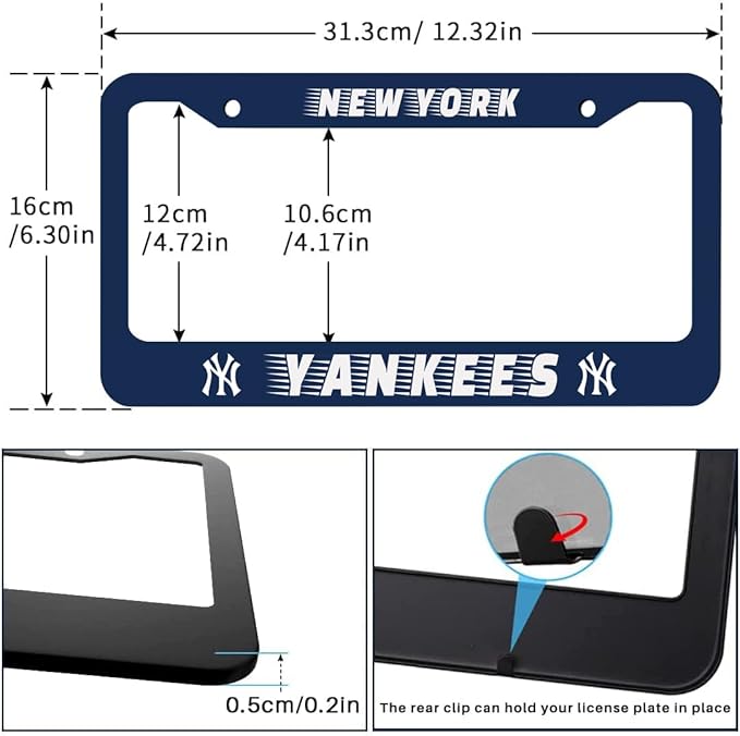 2 Pack Blue Yankees Design License Plate Frame Durable New York Baseball Team Decorative Stainless Steel Car License Plate Cover for Men Women Boys Girls Fans 12 X 6 Inch