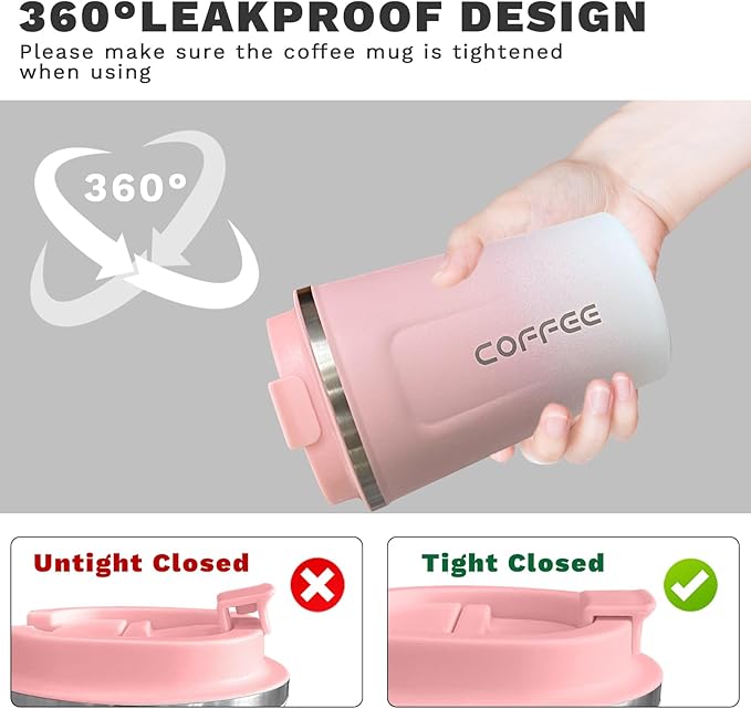 YINBAOGE Insulated Travel Coffee Mug, Spill & Leak Proof, Portable To Go Camping Stainless Steel Coffee Tumbler, Reusable Thermal Coffee Cup with Lid for Hot & Cold Drinks (2nd-Pink White, 17 OZ)