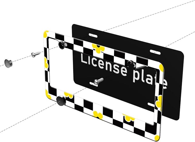 MIOAOSRT Daisy Flower with Check Plaid License Plate Frame White Black Doodle License Plate Cover Car Tag Holder Metal License Plate Frame Fits Standard U.S.Vehicles 12x6 Inch