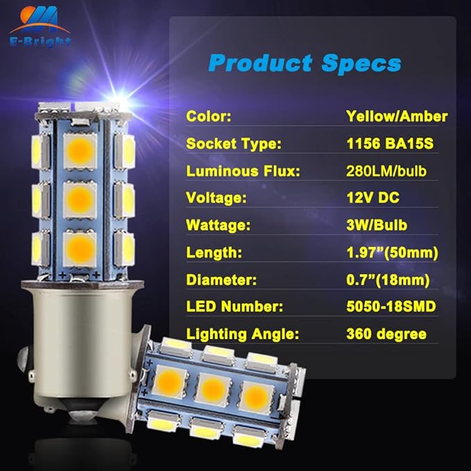 YM E-Bright Amber Yellow 1156 RV Led Bulb BA15S 1073 7506 1141 LED Bulb for Camper SUV MPV Car Turn Signal Light Reverse Lights Side Marker Lights 18SMD 5050Chips DC-12V, Pack of 4