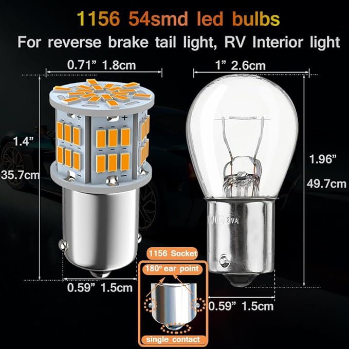 1156 Bulb Amber Yellow, 1141 1003 BA15S Led, 12V-24V 54-SMD 3014 Chips LED Bulbs for RV Camper Trailer Trunk Vehicle Interior Lights Tail Backup Reverse Lights Parking Lights 4pcs