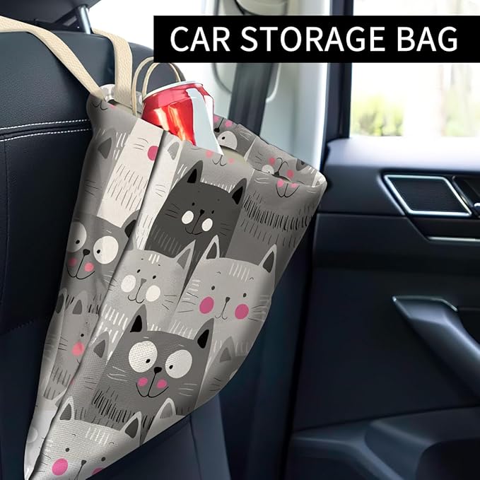 Cute Car Trash Bag, Hanging Car Organizer and Storage Bag, Trash Bin for Vehicle, Travelling, Camping - Cute Grey Cats