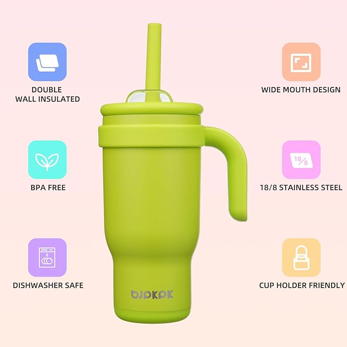 BJPKPK 18 OZ Insulated Travel Tumbler with Handle and Straw, Stainless Steel Water Bottle, Double Wall Vacuum Insulated Mug, for Work, Car, Travel, Bright Green