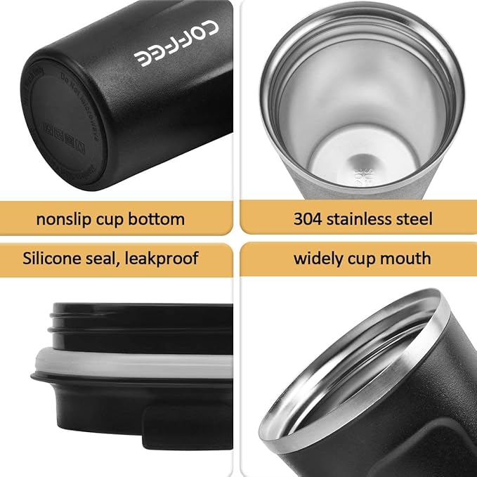MOMSIV 12oz Travel Mug, Insulated Coffee Cup with Leakproof Lid, Vacuum Stainless Steel Double Walled Reusable Tumbler for Hot and Cold Water Coffee and Tea In Travel and Car Black