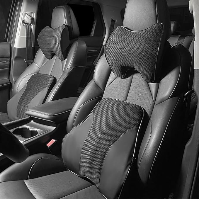 Lumbar Support and Car Neck Pillow for Office Chair and Car Seat ,Softness Memory Foam Erognomic Seat Cushion with Adjustable Strap,Comfortable Ergonomic Design (Black, Polyester)