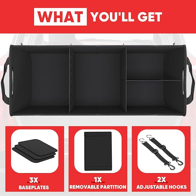 Simniam Large Trunk Organizer for Car, Collapsible Multi Compartment Car Trunk Organizer with 2 Retractable Straps, Suitable for All Kinds of Cars, SUV, Minivan - 4 Compartments Red