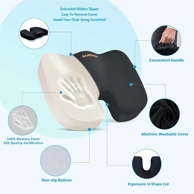 SAIREIDER Seat Cushion and Lumbar Support Pillow for Office Chair, Memory Foam Car Seat Cushions Back Support Pillows, Help Relieve Pain of Back, Lumbar, Tailbone and Sciatic Nerve(Black)