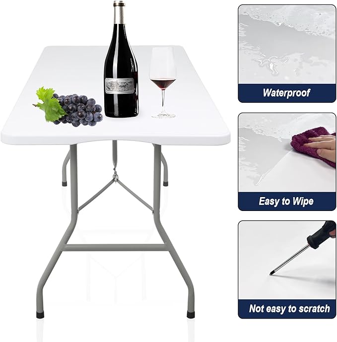 70.8" W X 29" D X 29" H - 6 ft Folding Table White Portable Heavy Duty Plastic Fold-in-Half Utility Foldable Table for Camp,Picnic & Party