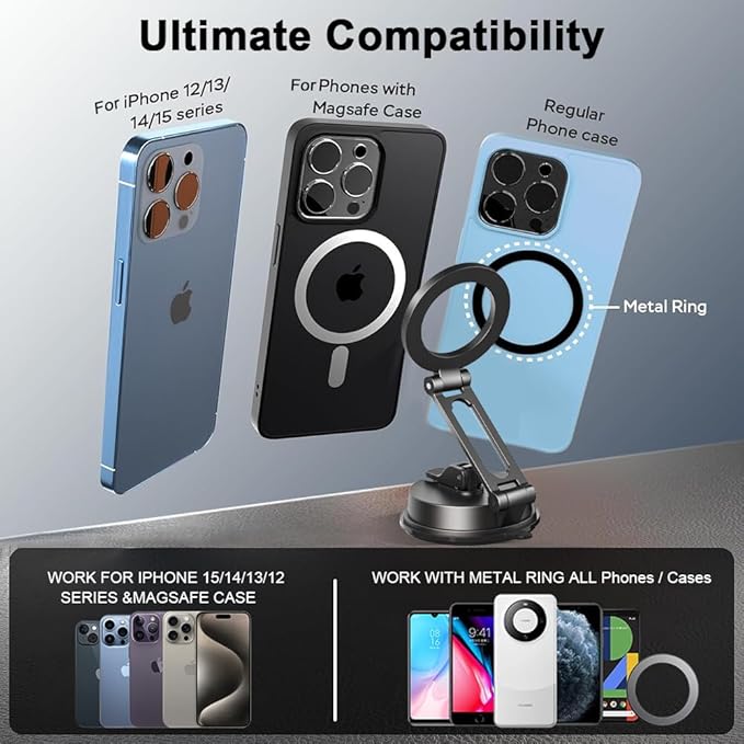 Magnetic Car Dashboard Phone Holder(with Magnetic Phone Lanyard with Ring Holder),Magnetic Dash Phone Holder for Car,One-Hand Operation,360-Degree Adjustable