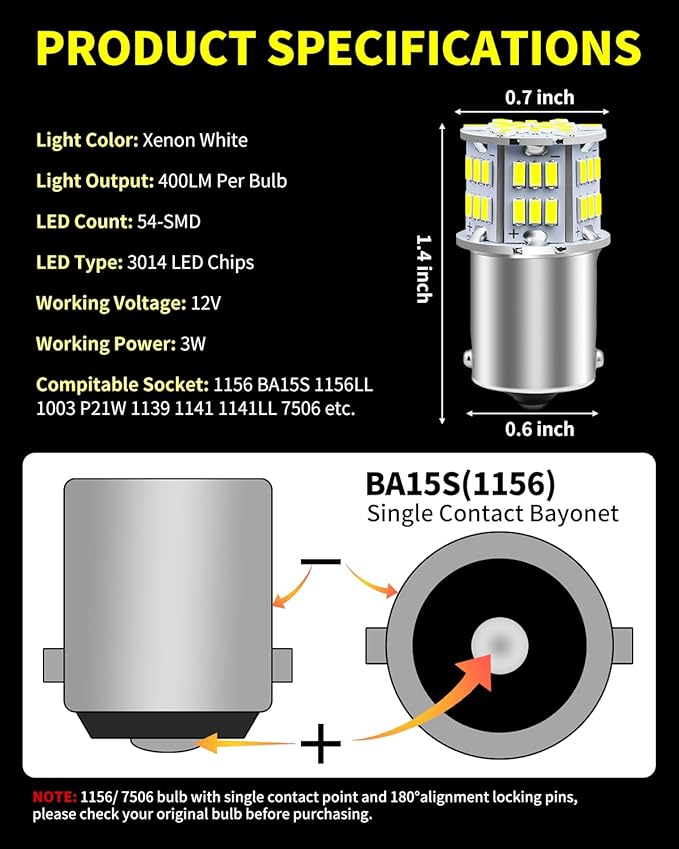 AUXLIGHT 1156 LED Bulbs 54-SMD 300% Super Bright BA15S 7506 1141 1003 LED Light Replacement for Car Truck Backup Reverse Turn Signal Lights & RV Camper Trailer Interior Lights, Xenon White(Pack of 6)