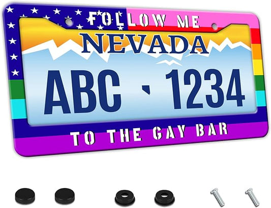 MIOAOSRT Follow Me to The Gay Bar License Plate Frame Gay Pride Flag LGBT License Plate Cover Car Tag Holder Metal License Plate Frame Fits Standard U.S.Vehicles 12x6 Inch