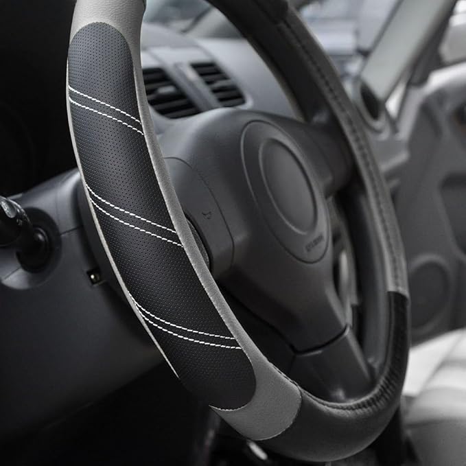 Elantrip Leather Large Steering Wheel Cover 15 1/2 to 16 inch Soft Grip Breathable for Car Truck SUV Jeep Anti Slip Black and Gray