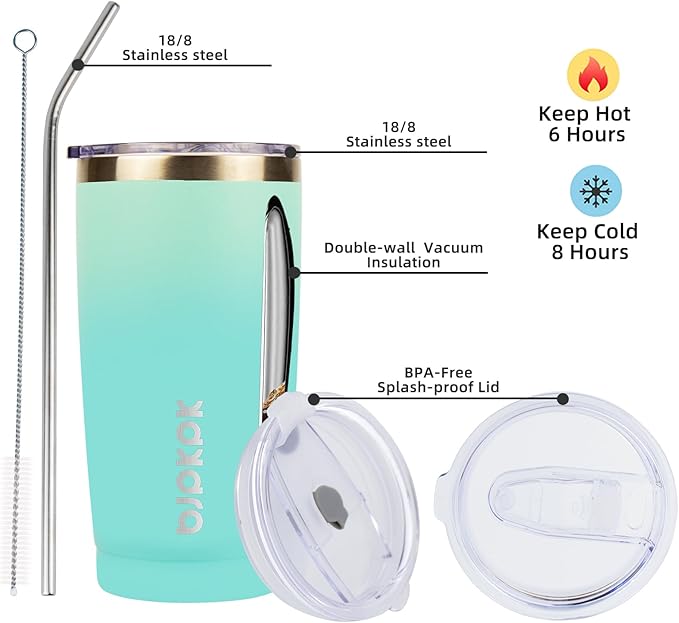 BJPKPK 20 oz Insulated Tumbler Stainless Steel Color Block Coffee Mug Vacuum Double Wall Thermal Travel Cup With Lids And Straw,Mint