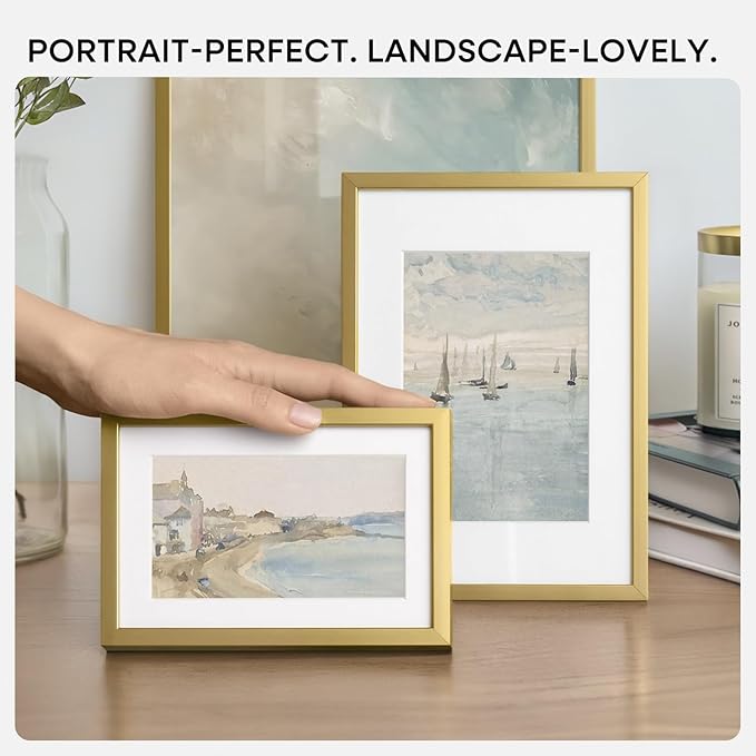 Homeforia 8.5 by 11 Picture Frame Gold, High End Metal 8.5x11 Poster Frames with Mat 6x8 Photo, 8.5 x 11 Frame Matted to 6 x 8 Print, 8.5by11 Wall or Tabletop Frame, Tempered Glass, Wall Kit, Set of 3
