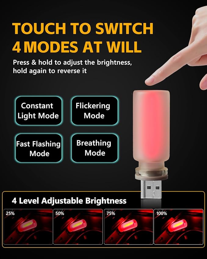 2PCS USB Lights for Car, Retro LED Car Interior Lamp Ambient Lighting, Universal USB Plug Lights for Cars, bedrooms, Camping, Parties, Frosted Glass Bottle Decorative Night Light, Red Light
