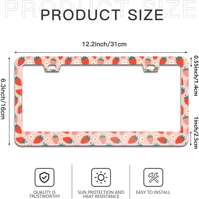 Strawberry and Flower License Plate Frame Cute Fruit License Plate Frames Aluminum Car Accessories Cover with 2 Holes and Screws 12 x 6 Inch for Front Rear Car Plate Decor for Women Men