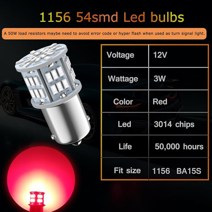 1156 Bulb Reverse Light, Led 1141 1003 7506 BA15S Bulbs, 12V-24V 54SMD Used for Truck Car Backup Reverse Lights, Tail Parking Lights,Camper Trailer RV Interior Light, 2pcs Red