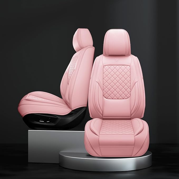 Premium Leather Car Seat Covers, Universal Fit for Cars SUVs Trucks and Sedans, Waterproof Car Seat Cushion with Airbag Compatible & Scratch-Resistant, Pink Seat Covers for 5 Seats