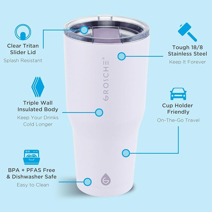 GROSCHE Yukon 30 oz Insulated Coffee Mug with Lid - Durable Travel Mug, Stainless Steel Tumblers, Vacuum Insulated Coffee Tumbler for Hot or Cold Beverages - LAVENDER