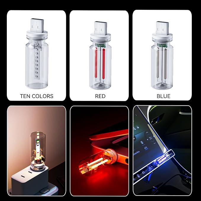 4 PCS USB Night Light Bulb, Portable Plug-in Retro Car Interior Ambient Lights, Mini Touch Dimmable Glass Bottle LED Bulb for Vehicle, Bedroom, Hallway, Camping, Holiday(2RGB&1Red&1Blue)