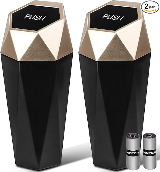 HOTOR Car Trash Can with Lid - 2 Pack, Car Accessories for Interior, Leakproof Vehicle Garbage Can with 30 Attached Trash Bags, Multipurpose Organizers and Storage for Home, Office, Golden