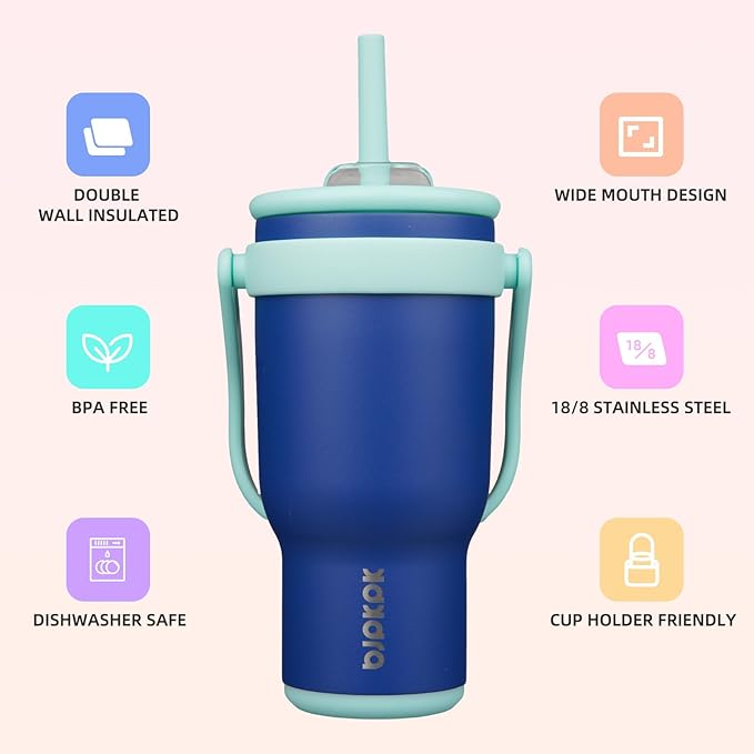 BJPKPK 30 OZ Insulated Travel Tumbler with Handle and Straw, Stainless Steel Water Bottle, Double Wall Vacuum Insulated Mug, for Work, Car, Travel, Deep Blue