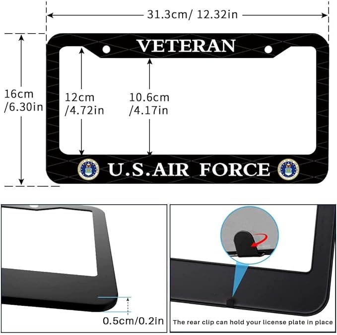 2 Pack Veteran US Air Force Design License Plate Frame USAF Decorative Stainless Steel Car License Plate Cover for Men Women Boys Girls Fans 12 X 6 Inch