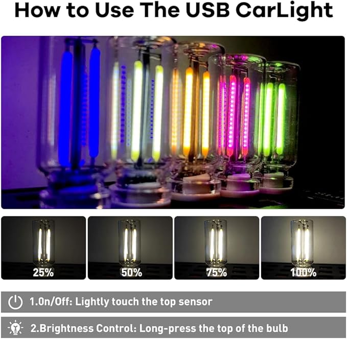 2Pcs Car USB Night Light, Touch Adjustment LED Ambient Lighting Plug in USB Automotive Night Lamps, Mini LED Bulb for Car, Camping, Holiday, Decoration, Bedroom, Party(White)