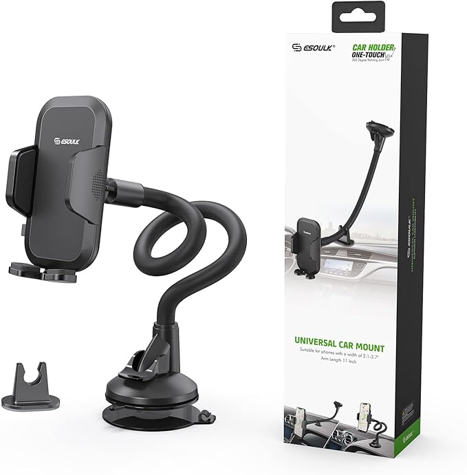 Esoulk 11-inch Gooseneck Car Phone Holder,Heavy Duty Phone Holder for Truck, Flexibile Long Arm Anti Shake stabilizer Windshield Car Phone Mount Suction Cup,Fit for iPhone, Samsung &Other Cellphone