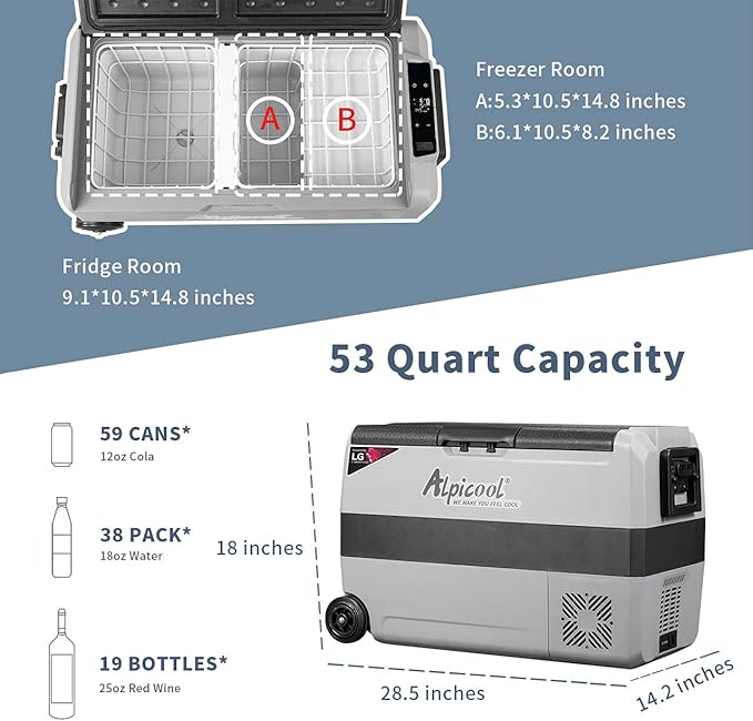 Alpicool LGT50 Dual Temperature Control 12 Volt Refrigerator 53 Quart Portable Car Fridge Freezer (-4°F~68°F) for Truck, RV, Boat, Camping and Travel