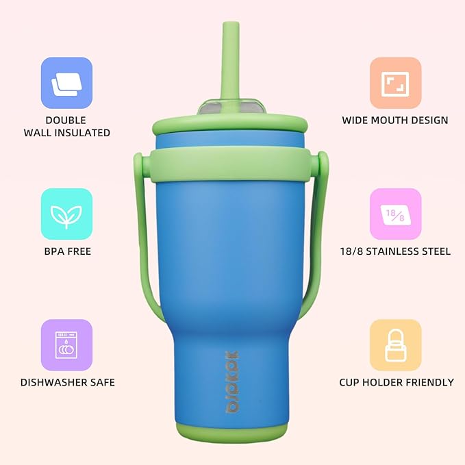 BJPKPK 30 OZ Insulated Travel Tumbler with Handle and Straw, Stainless Steel Water Bottle, Double Wall Vacuum Insulated Mug, for Work, Car, Travel, Sky Blue
