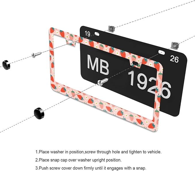 Strawberry and Flower License Plate Frame Cute Fruit License Plate Frames Aluminum Car Accessories Cover with 2 Holes and Screws 12 x 6 Inch for Front Rear Car Plate Decor for Women Men