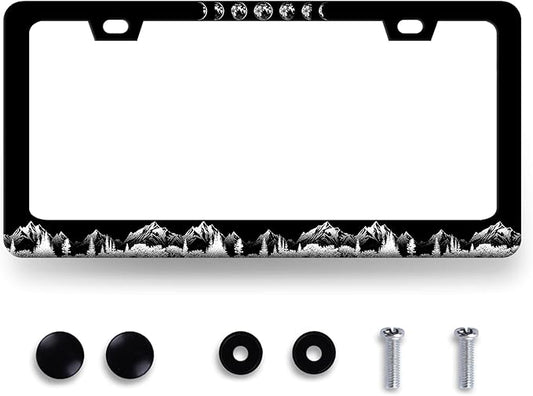 Moon Phase License Plate Frame Mountains Forest License Plate Black Stainless Steel Funny Accessory Cars Decor for Men Women 12.2 X 6.2 Inch with 2 Holes and Screws Fits Standard Us Ca Vehicles