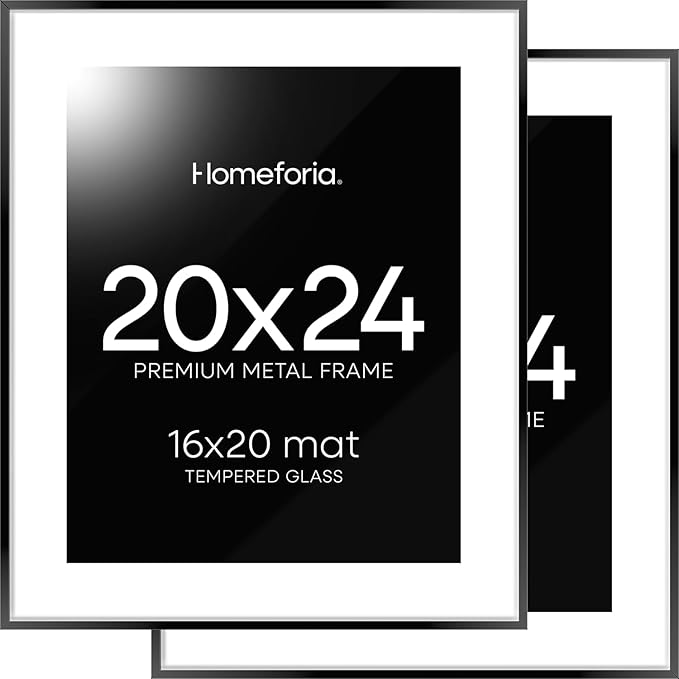 Homeforia 20x24 Picture Frame Black, High End Metal 20x24 Frame Matted to 16x20 Print, 20 x 24 Black Poster Frames with Mat 16 by 20 inch Photo, 24x20 Hanging Frame, Tempered Glass, Wall Kit, Set of 2