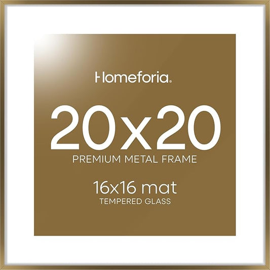 Homeforia 20x20 Picture Bronze Frame, High End Metal 20 x 20 Square Poster Frame with Mat 16 x 16 Photo, 20x20 Brass Frame Matted to 16x16 Print, 20by20 Thin Frames, Tempered Glass, Wall Kit, Set of 1