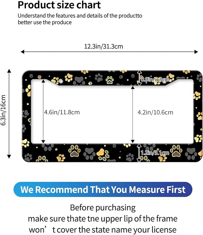 MIOAOSRT Gold Dog Paw Print License Plate Frame Dog Paw and Star License Plate Cover Car Tag Holder Metal License Plate Frame Fits Standard U.S.Vehicles 12x6 Inch