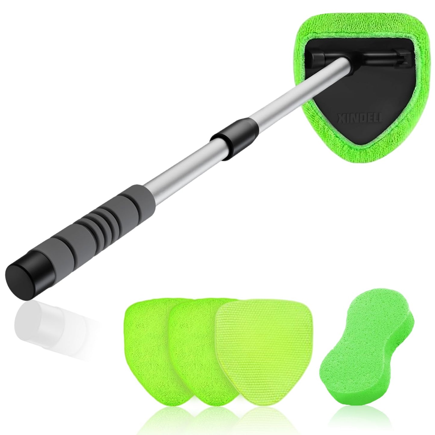 XINDELL Windshield Cleaner Tool – Car Interior Window Cleaning Kit with Extendable Handle & 4 Microfiber Pads, Auto Washing Brush for Car, Trucks, SUVs, RVs & Home Windows