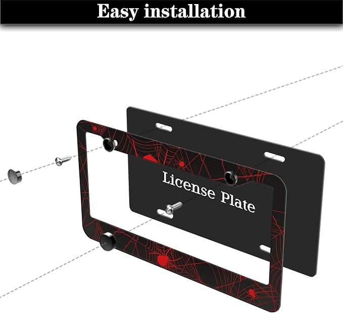 Custom License Plate Frame Red and Black License Plate Frames Red Spider Web Universal Aluminum Car Accessory 2 Pack with Screw Covers Set
