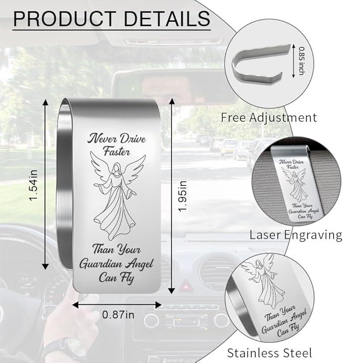 Never Drive Faster Than Your Guardian Angel Can Fly Engraved Stainless Steel Car Visor Clip, Funny Guardian Angel Safe Driving Gifts for Family Friend, Drive Safe Reminder Gifts