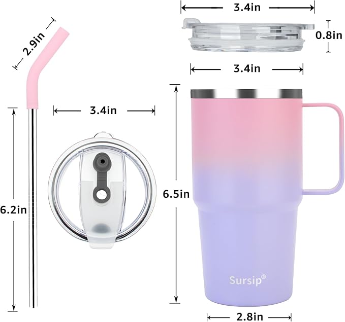 Sursip 24 oz Insulated Cup with Handle, Double Wall Vacuum Stainless Steel Tumbler with Straw and 2 Lids, For Cold/Hot Drinks, Coffee Travel Mug for Car/Home/Office/Party/Camping (Pink&Purple-1 Pack)