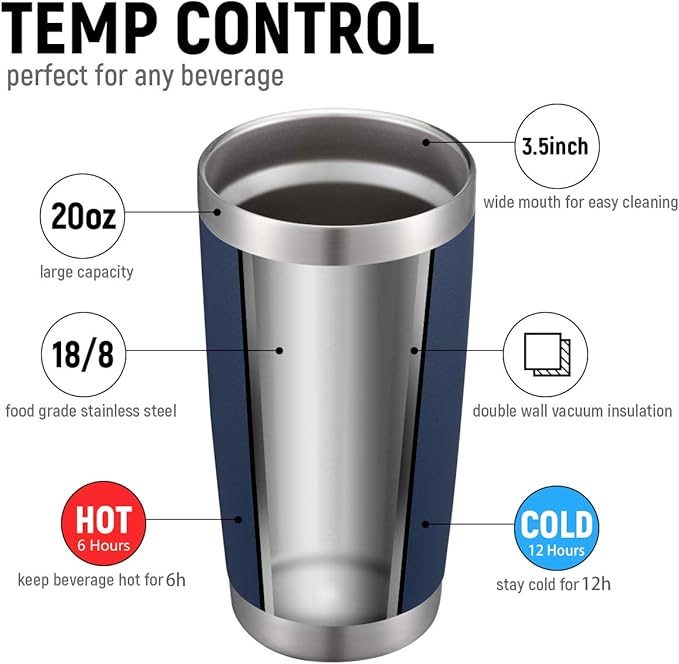 COMOOO 20oz/8Pack Double Wall Vacuum Insulated Coffee Travel Mug Stainless Steel Tumbler Bulk with Lid and Straw Durable Powder Coated Insulated Coffee Cup for Cold & Hot Drinks, Navy, 8 Pack