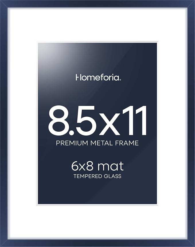 Homeforia 8.5x11 Navy Blue Frame, High End Metal 8.5 x 11 Picture Frames with Mat 6 by 8 inch Photo, 11x8.5 Poster Frame Matted to 6x8 Print, Wall or Tabletop Frame, Tempered Glass, Wall Kit, Set of 1